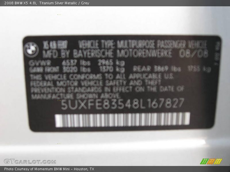 Titanium Silver Metallic / Grey 2008 BMW X5 4.8i