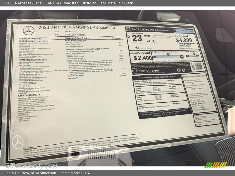  2023 SL AMG 43 Roadster Window Sticker