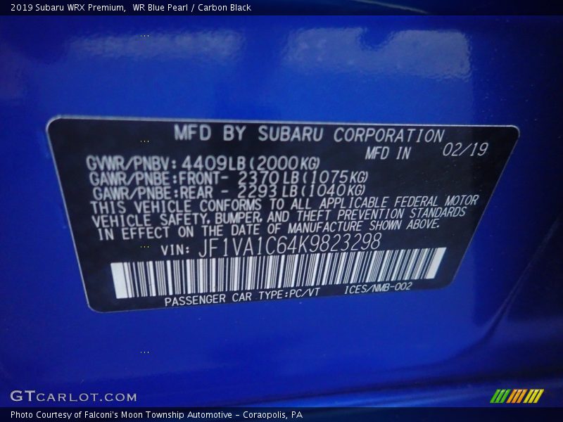 WR Blue Pearl / Carbon Black 2019 Subaru WRX Premium