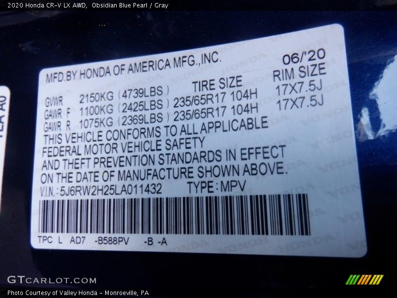 2020 CR-V LX AWD Obsidian Blue Pearl Color Code B588PV