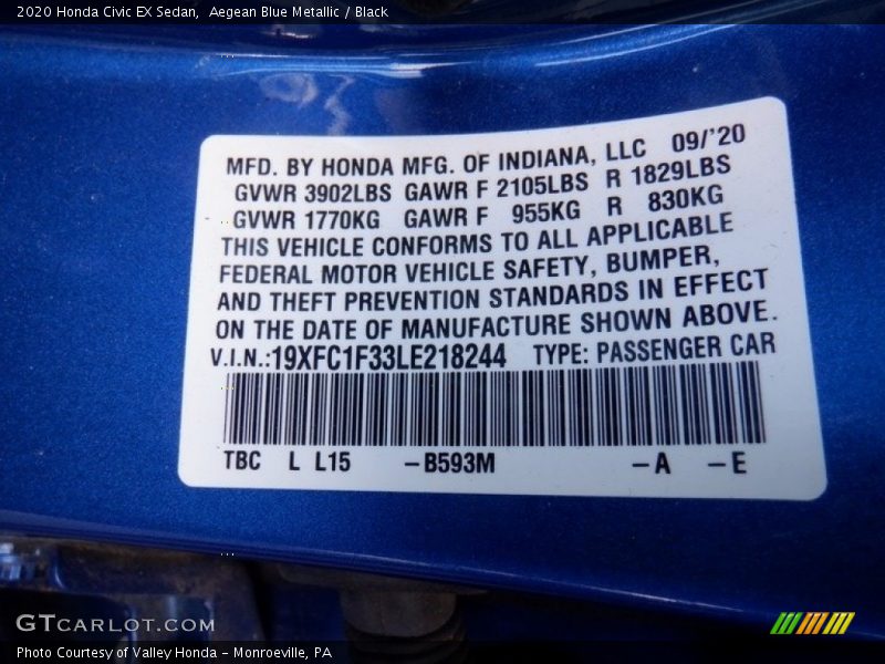 Aegean Blue Metallic / Black 2020 Honda Civic EX Sedan