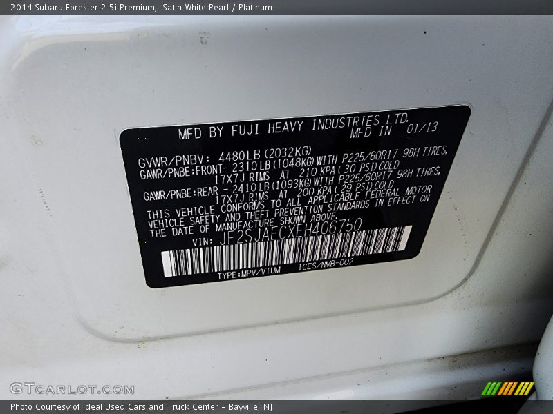 Satin White Pearl / Platinum 2014 Subaru Forester 2.5i Premium