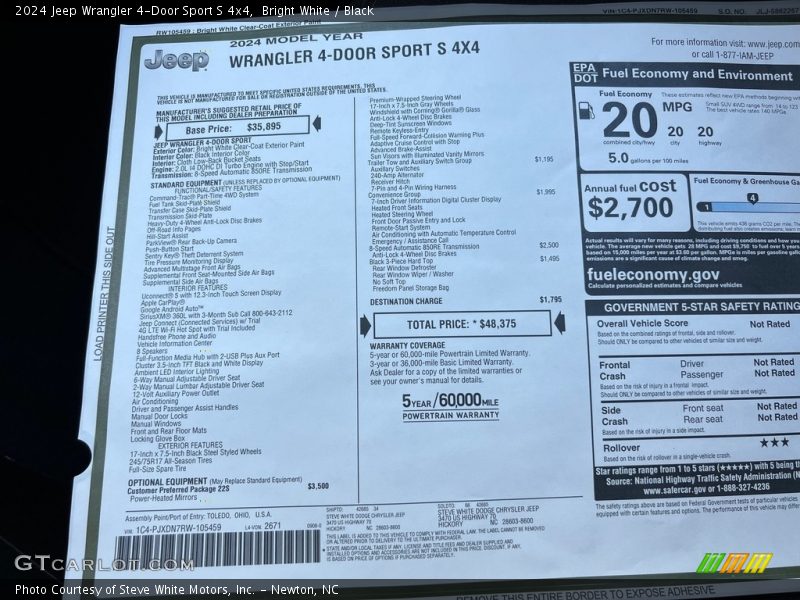 Bright White / Black 2024 Jeep Wrangler 4-Door Sport S 4x4