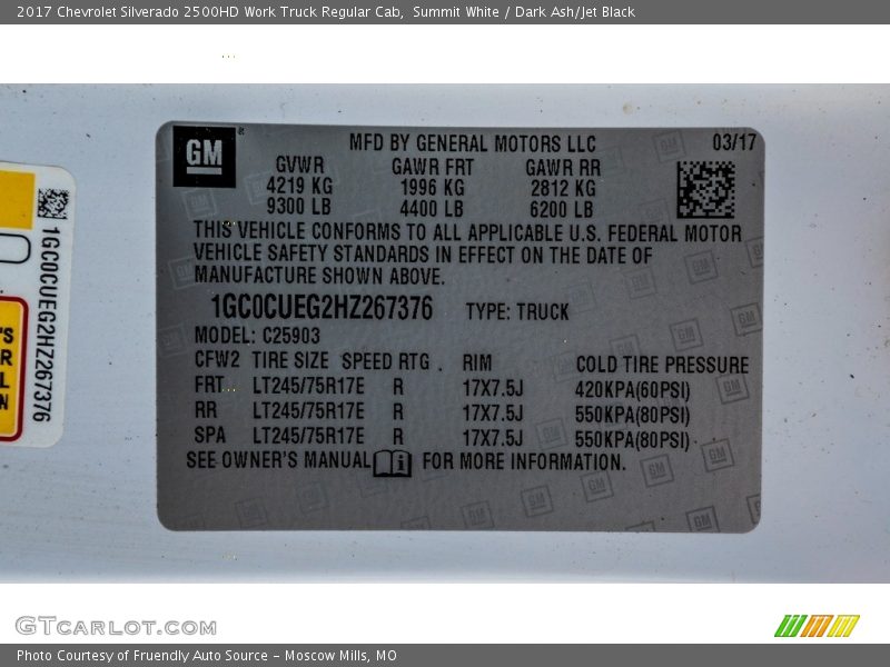 Summit White / Dark Ash/Jet Black 2017 Chevrolet Silverado 2500HD Work Truck Regular Cab