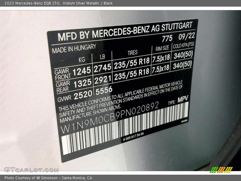 2023 EQB 250 Iridium Silver Metallic Color Code 775