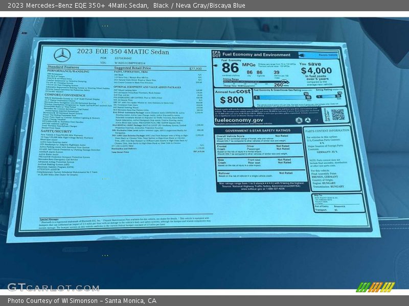  2023 EQE 350+ 4Matic Sedan Window Sticker