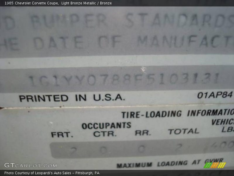 Light Bronze Metallic / Bronze 1985 Chevrolet Corvette Coupe