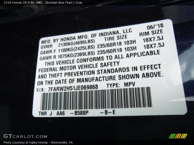 Obsidian Blue Pearl / Gray 2018 Honda CR-V EX AWD
