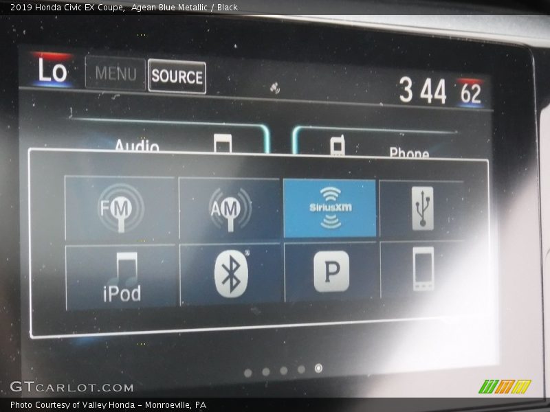 Agean Blue Metallic / Black 2019 Honda Civic EX Coupe