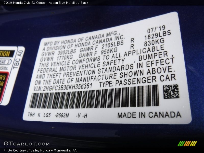 Agean Blue Metallic / Black 2019 Honda Civic EX Coupe