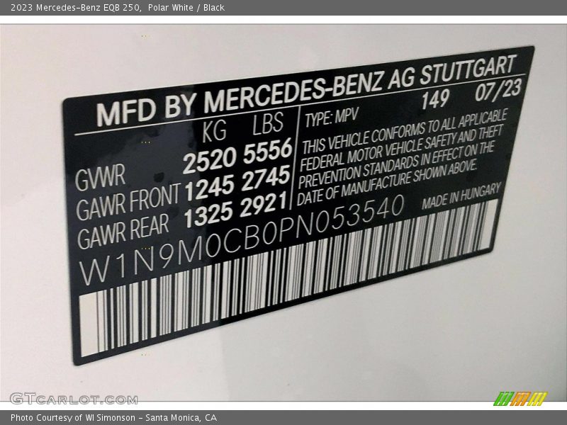 2023 EQB 250 Polar White Color Code 149