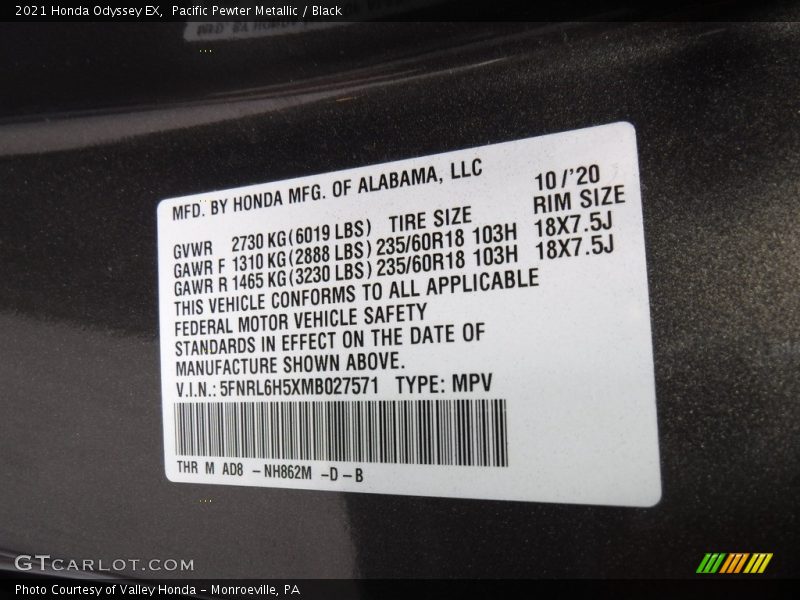 2021 Odyssey EX Pacific Pewter Metallic Color Code NH862M