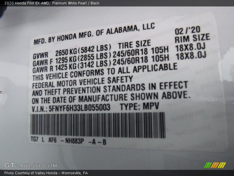 2020 Pilot EX AWD Platinum White Pearl Color Code NH883P