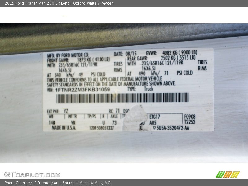 Oxford White / Pewter 2015 Ford Transit Van 250 LR Long