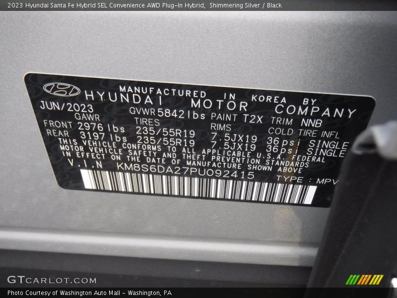 2023 Santa Fe Hybrid SEL Convenience AWD Plug-In Hybrid Shimmering Silver Color Code T2X