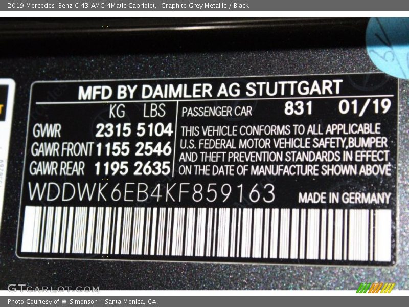 2019 C 43 AMG 4Matic Cabriolet Graphite Grey Metallic Color Code 831