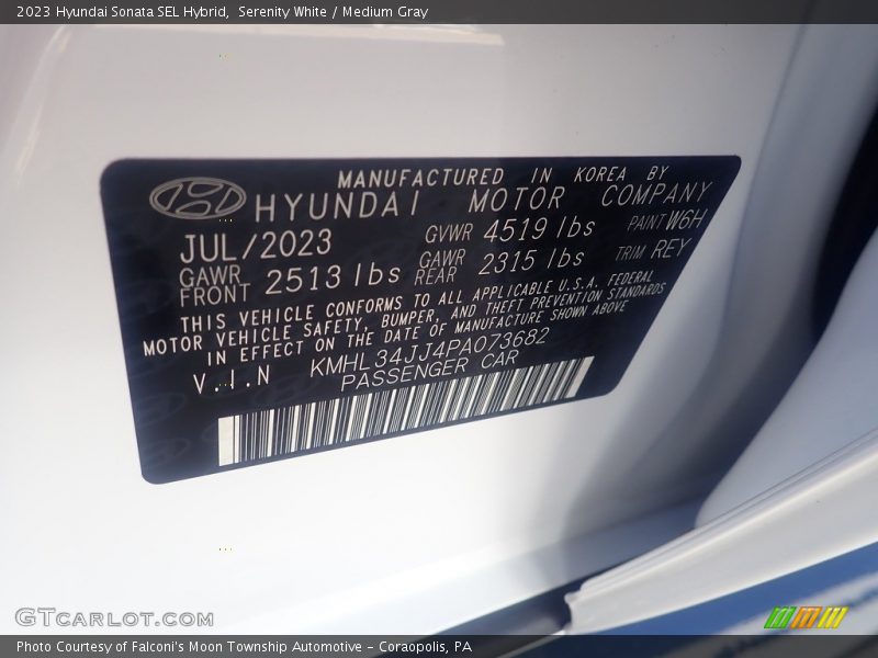 2023 Sonata SEL Hybrid Serenity White Color Code W6H