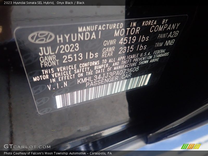 2023 Sonata SEL Hybrid Onyx Black Color Code A2B