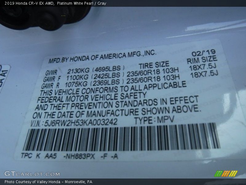Platinum White Pearl / Gray 2019 Honda CR-V EX AWD