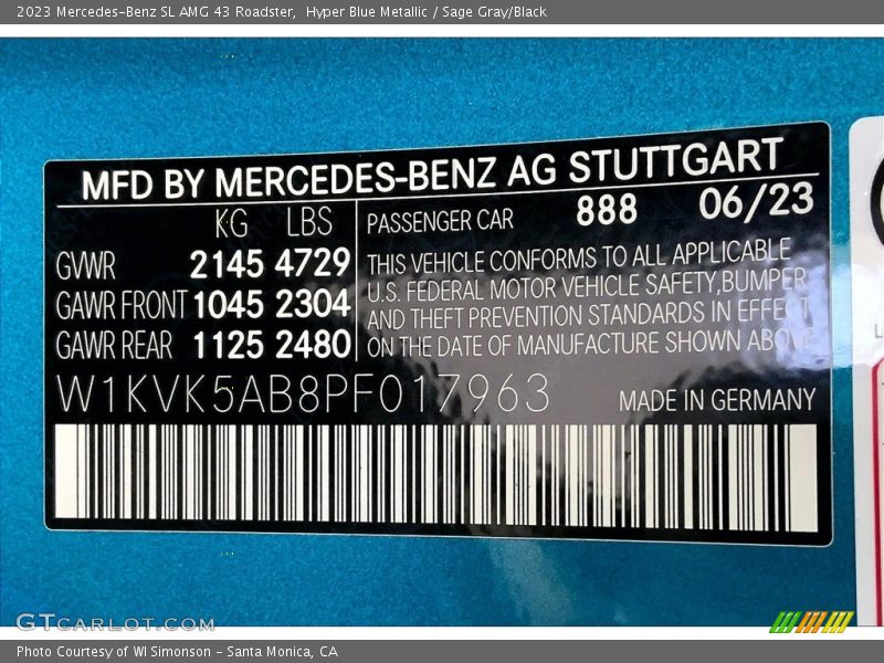 2023 SL AMG 43 Roadster Hyper Blue Metallic Color Code 888