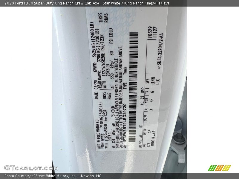 2020 F350 Super Duty King Ranch Crew Cab 4x4 Star White Color Code AZ