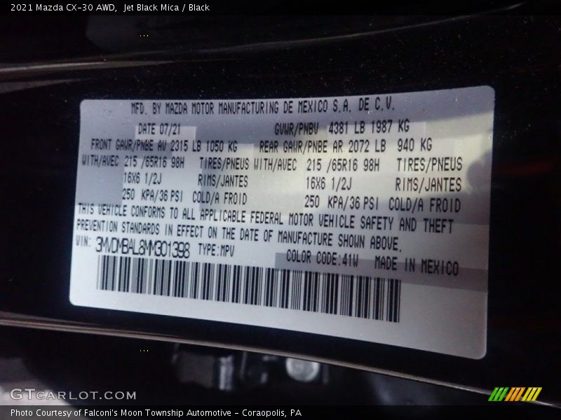 2021 CX-30 AWD Jet Black Mica Color Code 41W