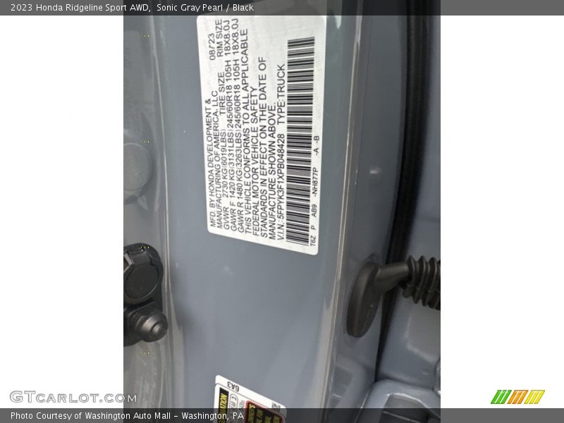 2023 Ridgeline Sport AWD Sonic Gray Pearl Color Code NH877P