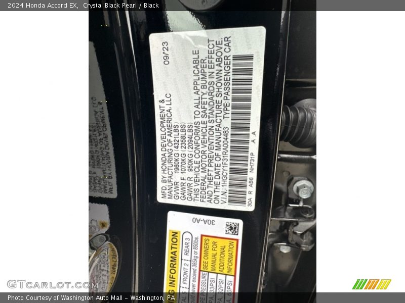 2024 Accord EX Crystal Black Pearl Color Code NH731P