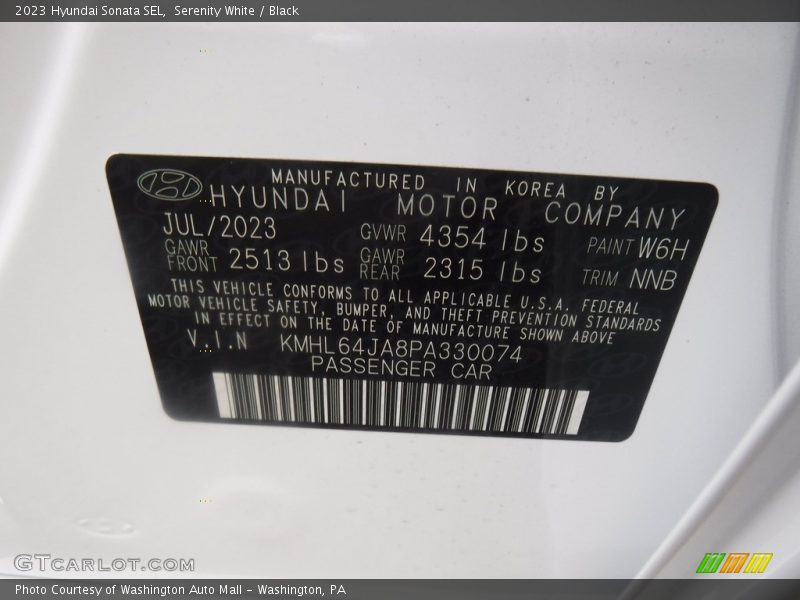 2023 Sonata SEL Serenity White Color Code W6H