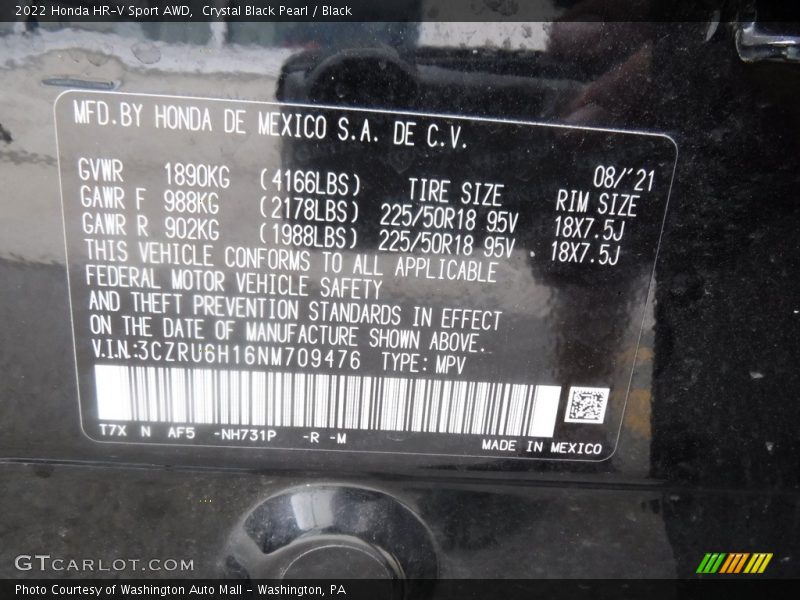 2022 HR-V Sport AWD Crystal Black Pearl Color Code NH731P