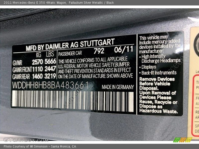 2011 E 350 4Matic Wagon Palladium Silver Metallic Color Code 792