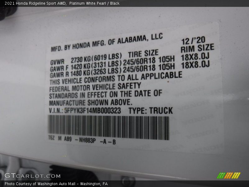 2021 Ridgeline Sport AWD Platinum White Pearl Color Code NH883P