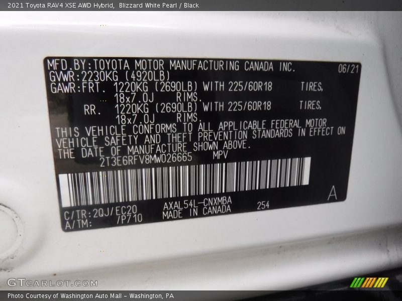 Blizzard White Pearl / Black 2021 Toyota RAV4 XSE AWD Hybrid