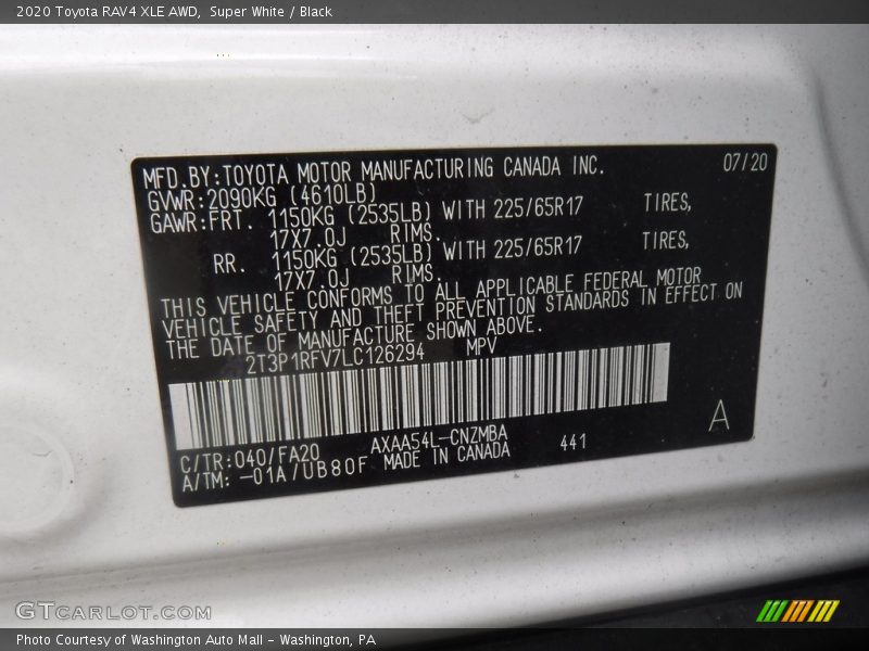 2020 RAV4 XLE AWD Super White Color Code 040