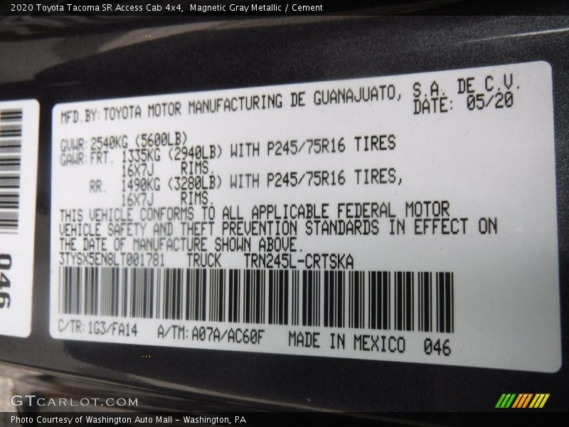 2020 Tacoma SR Access Cab 4x4 Magnetic Gray Metallic Color Code 1G3