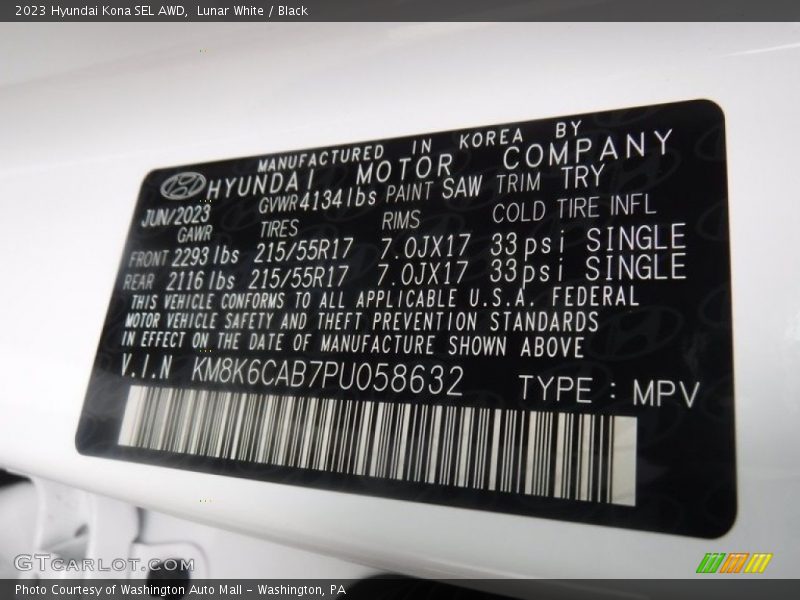 Lunar White / Black 2023 Hyundai Kona SEL AWD