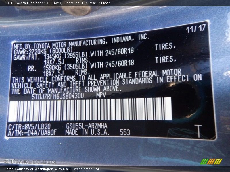 Shoreline Blue Pearl / Black 2018 Toyota Highlander XLE AWD