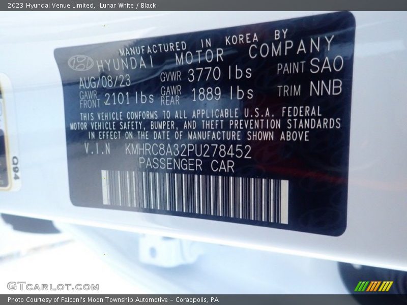 2023 Venue Limited Lunar White Color Code SAO