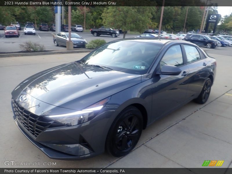 Front 3/4 View of 2023 Elantra Blue Hybrid