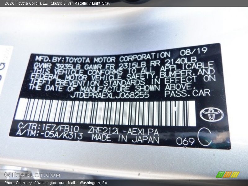 2020 Corolla LE Classic Silver Metallic Color Code 1F7