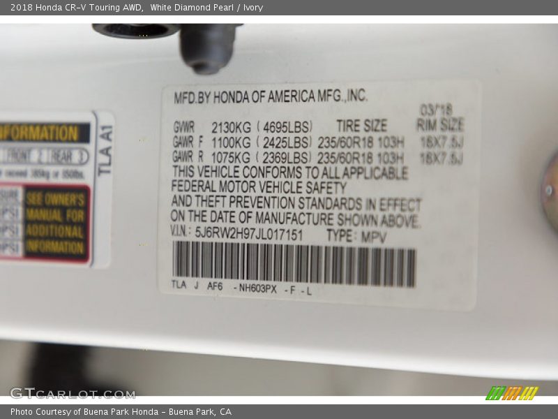 White Diamond Pearl / Ivory 2018 Honda CR-V Touring AWD