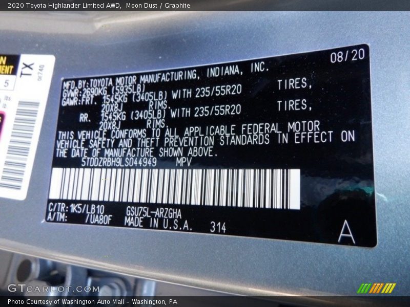 2020 Highlander Limited AWD Moon Dust Color Code 1K5