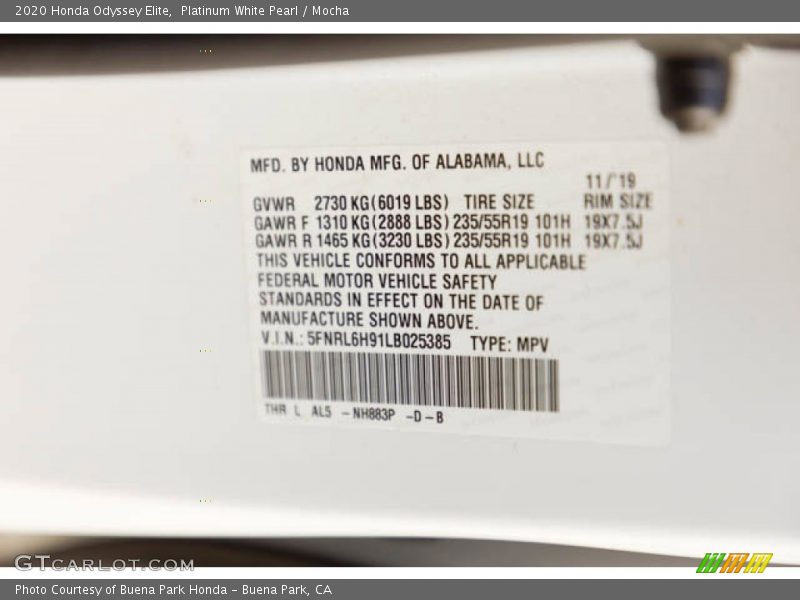 Platinum White Pearl / Mocha 2020 Honda Odyssey Elite