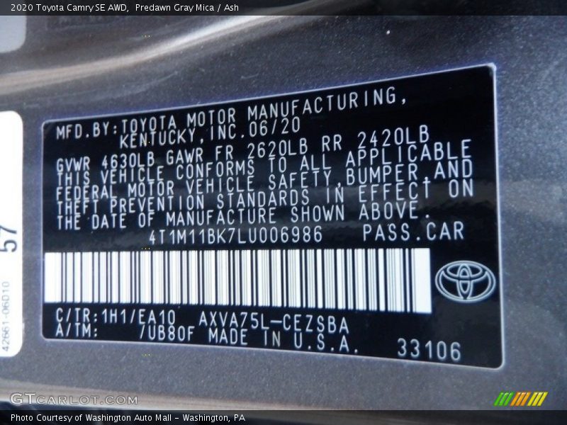 2020 Camry SE AWD Predawn Gray Mica Color Code 1H1
