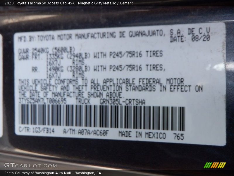 Magnetic Gray Metallic / Cement 2020 Toyota Tacoma SX Access Cab 4x4