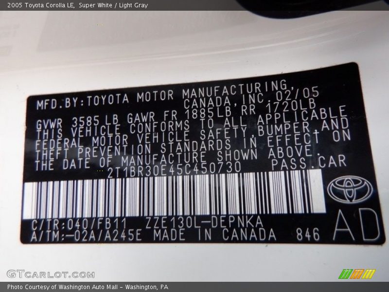 2005 Corolla LE Super White Color Code 040