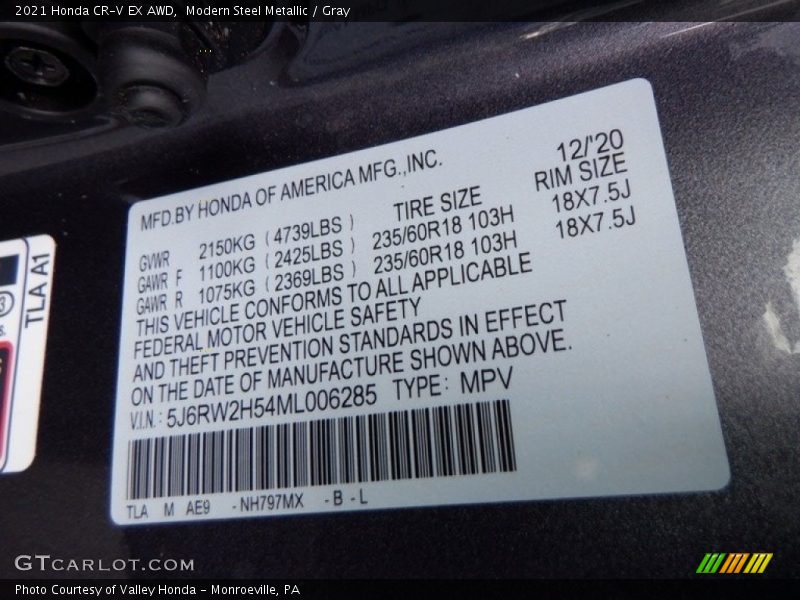 2021 CR-V EX AWD Modern Steel Metallic Color Code NH797MX