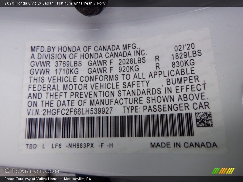 Platinum White Pearl / Ivory 2020 Honda Civic LX Sedan