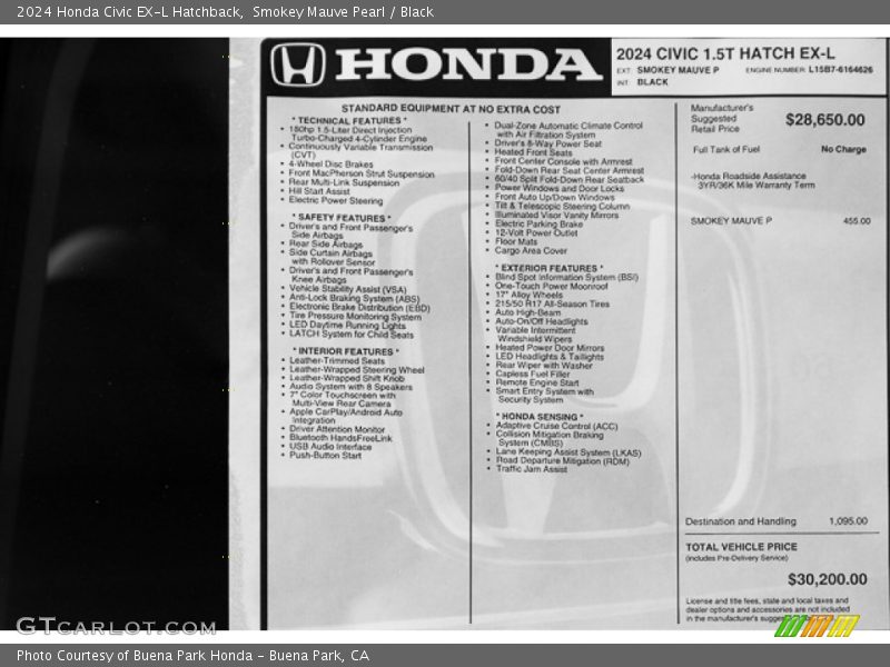  2024 Civic EX-L Hatchback Window Sticker