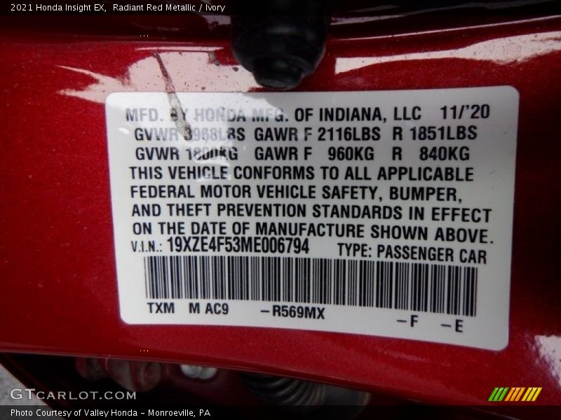 2021 Insight EX Radiant Red Metallic Color Code R569MX